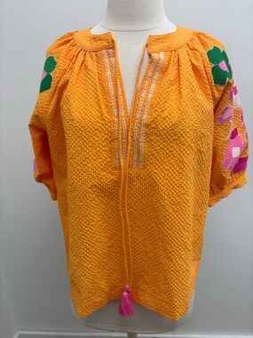 THML Orange Textured Embroidered Peasant Tunic